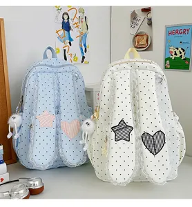 Sweet polka dot bunny ear backpack with lace ruffles and cute star patch details.