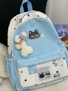 Leuke blauw-witte sterren canvas rugzak met kattenprint en een zachte pluche hanger.