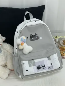 Leuke grijze en witte canvas rugzak voor meisjes met sterrenprint en kat groot formaat.