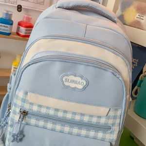 Koreaanse stijl studentenrugzak voor meisjes, schattig ruitjesdesign met meerdere compartimenten.