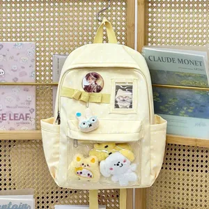 bellissimo zaino ita giallo a pois con tasca trasparente e simpatici ciondoli peluche