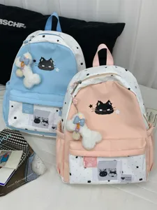 Schattige ster kat print canvas rugzak met pluche bot hanger casual schooltas grote capaciteit