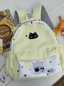 Leuke gele en witte canvas rugzak voor studenten, stijlvolle tas met kattenmotief.