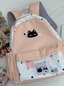 Leuke roze witte canvas rugzak met kattenprint en sterren grote capaciteit schooltas