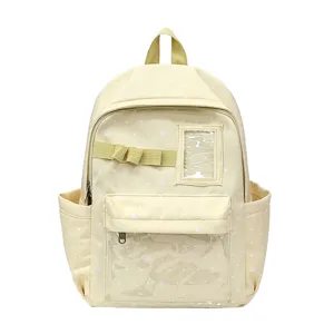 Zaino giallo con pois e tasca trasparente per ragazze, borsa scolastica casual carina