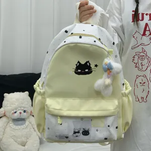 Schattige Cartoon Kat Ster Bedrukte Nylon Rugzak Voor Dames Grote Capaciteit College Student Schooltas School Pendelen Reizen Boekentas Met Hanger