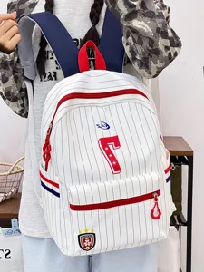 Japanese style striped backpack with red number 7 design, spacious casual daypack.