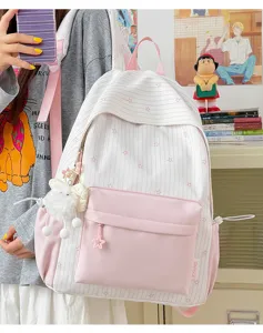 Roze gestreepte rugzak voor dames, grote schooltas met sterrenpatroon en schattige pluche hanger.
