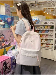 Koreaanse schattige roze geruite rugzak voor meisjes met borduurwerk en kant.