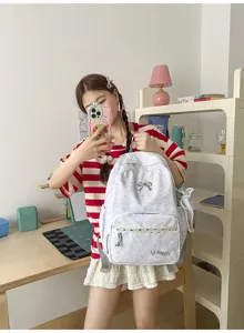 Japanse stijl strik rugzak met mooie kanten rand, grote capaciteit schooltas grijs