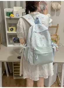 Japanse stijl kleurovereenkomende rugzak voor vrouwen, schattige geruite grote schooltas.