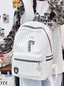 Japanese style fresh striped backpack, casual lightweight large capacity school bag for daily use.
