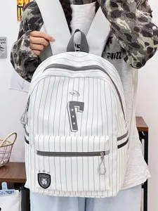 Casual Japanese style striped backpack for school students, lightweight large capacity daypack.