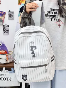 Stylish Japanese style striped backpack for students, large capacity daily school bag.