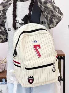 Japanese style striped backpack for school students, lightweight casual large capacity daily bag.