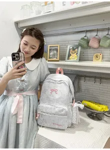 Japans stijl schattige strik rugzak voor meisjes, grote capaciteit schooltas lichtgrijs
