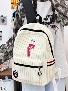 Detailed view of the Japanese striped canvas backpack with large capacity and cute design.
