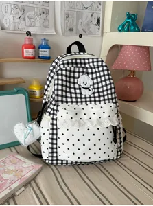 Schattige Koreaanse zwart-wit gingham rugzak met stipjes zak leuke schooltas voor studenten
