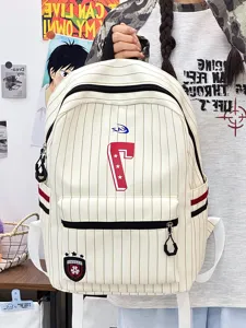 Japanese style aesthetic pinstripe backpack, lightweight large capacity casual daypack for daily use.