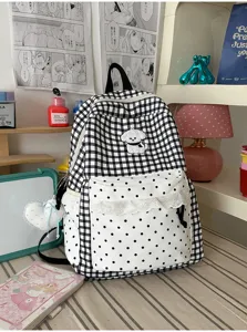 Koreaanse zwart-wit geruite rugzak met kanten afwerking en puppy patch voor studenten.