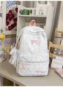 Japans stijl zoete strik rugzak voor meisjes, grote capaciteit schooltas met kanten afwerking.