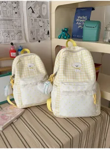 Leuke Koreaanse gele ruitjes rugzak met hond borduurwerk en kant voor meisjes