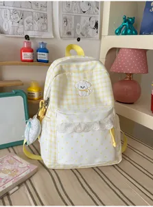 Schattige gele ruitjes rugzak voor meisjes met leuke puppy borduursel en kanten rand