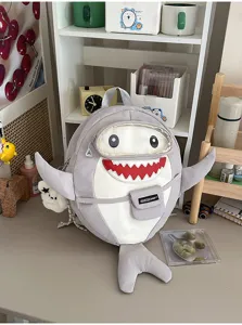 Leuke grijze haai design kind rugzak, waterdichte schooltas en zwem reistas voor kinderen.