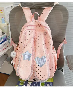 Cute pink polka dot backpack with bunny ears, lace trim and star heart patches for sweet girls.