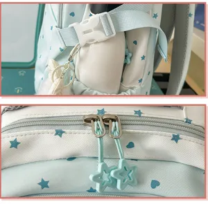Vue détaillée du sac à dos avec tirettes de fermeture éclair étoile et sangle latérale.