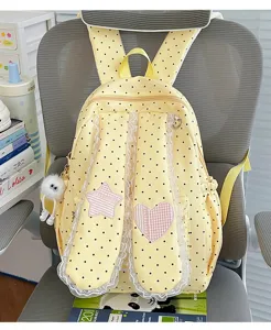 Sweet polka dot backpack with lace bunny ears, star heart patches, casual student bookbag.