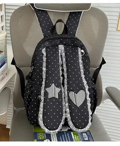 Sweet polka dot backpack with lace trim, cute star and heart design, stylish daily casual bag.