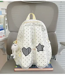 Sweet polka dot lace backpack with star heart patches and cute bunny ear design for daily student use.