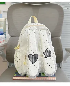 Sweet lace polka dot bunny ears backpack with heart star patch for cute student daily use