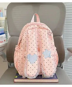 Pink polka dot bunny ear backpack with lace ruffle sweet school bag for teen girls lightweight