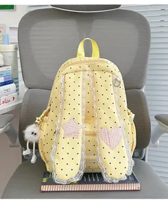 Sweet lace polka dot star heart bunny ear backpack student school bag close up detail view