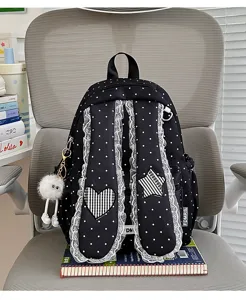 Sweet lace polka dot rabbit ear backpack detail showing cute heart and star pattern style.