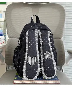 Cute polka dot backpack with sweet lace trim heart and star patches for stylish daily student use.