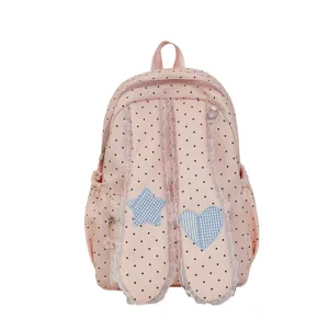 Sweet pink polka dot backpack with lace trim and cute bunny ears for school daily use.