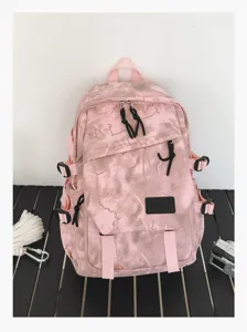 Sac à dos décontracté motif marbre rose pour étudiants, grande capacité style tendance.