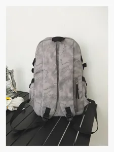 Sac à dos scolaire camouflage gris vue arrière, cartable décontracté résistant ados.