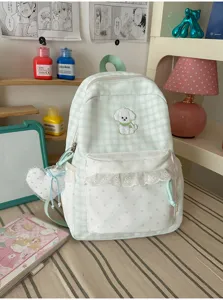 Schattige Koreaanse ruitjes rugzak met schattige hondenborduurwerk en volants voor school.