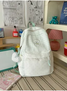 Koreaanse zoete stijl groen ruitjes schoolrugzak met schattige hondenborduurwerk en kant voor meisjes