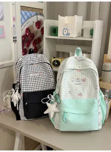 Japanse stijl kleurenblok rugzak voor studenten, grote capaciteit schattige ruitjes tas