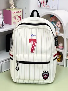 Japanese style striped school backpack casual daypack with front pocket and zip closure.