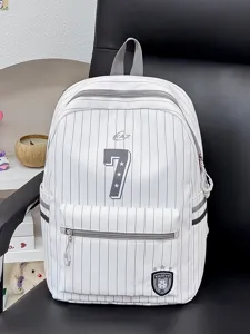 Detailed view of white backpack with grey vertical stripes, front pocket and zipper design.