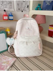 Zoete roze geruite rugzak schattige hondenborduurwerk esthetische schooltas casual dagrugzak