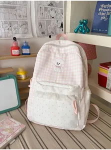 Zoete roze geruite rugzak met schattige puppy borduurwerk en kantrand voor studenten.
