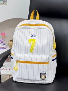 Japanese style striped school backpack with yellow zipper, casual large capacity bag.