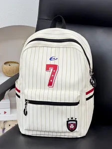 Japanese style pinstripe backpack detail, chic campus aesthetic, large capacity daily school bag.
